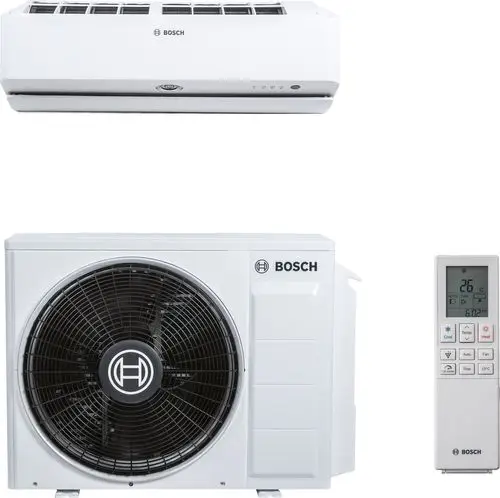 Split-Klimagerät der Marke Bosch mit Inneneinheit und Außeneinheit, ausgestattet mit einem Ventilator und einer Fernbedienung zur Temperaturregulierung.